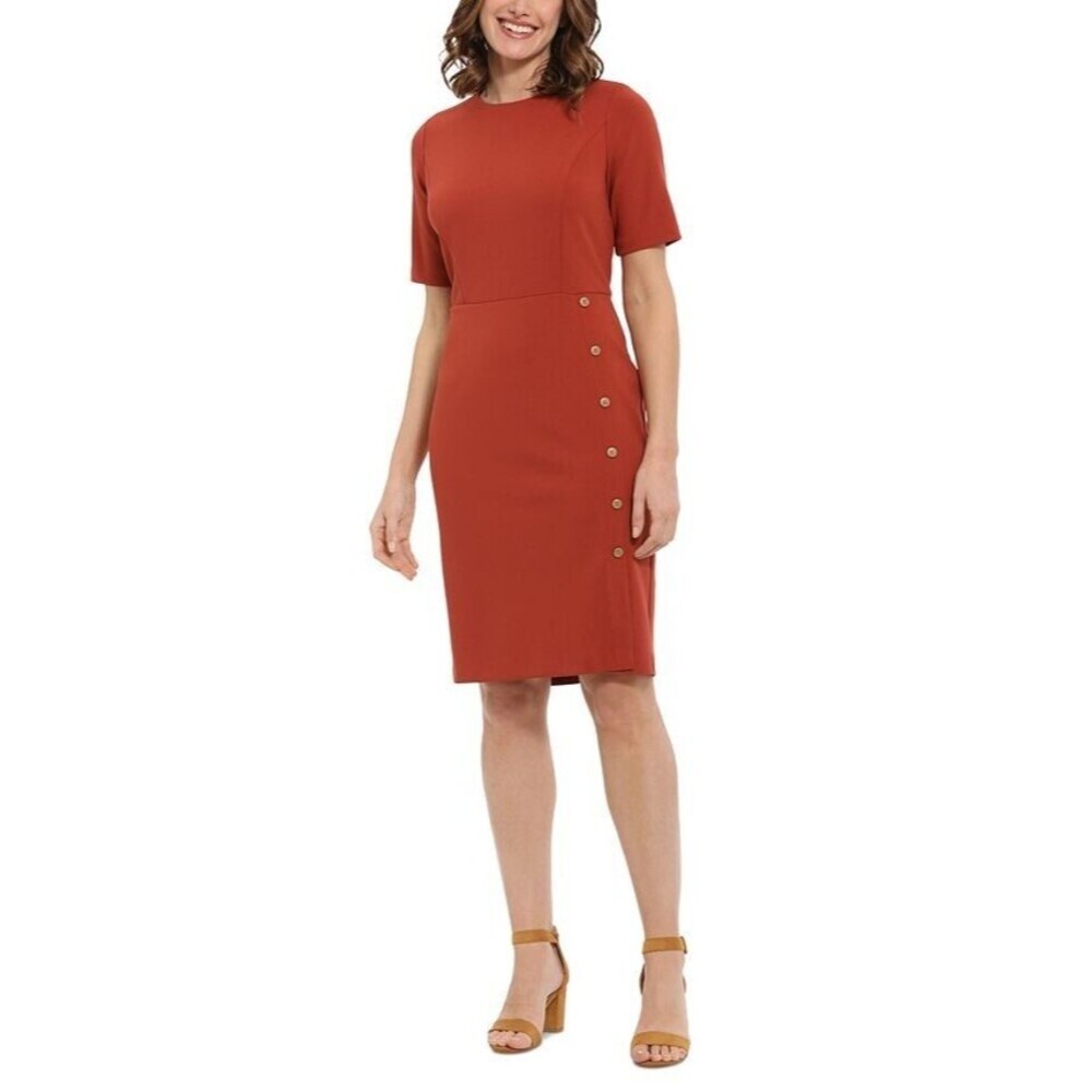 London Times Women's Short Sleeves Button-Trim Crepe Sheath Dress Cedar brown 12